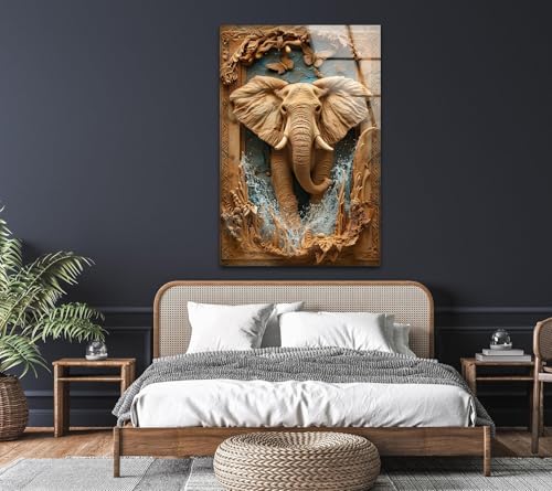 10Wx12H'' Elephant Carving Glass Wall Art Tempered Glass Printing Wall Decor Large Wall Art Wall Hangings