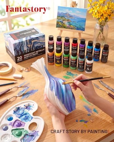 60ml 20 Colors Metallic Acrylic Paint Set with 12 Brushes (40 Fl Oz)