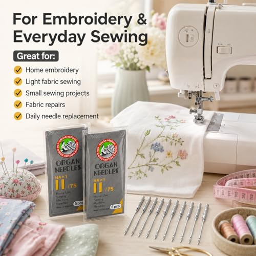 50 PCS Embroidery Sewing Machine Needles for Brother Size 75 (50 Count)