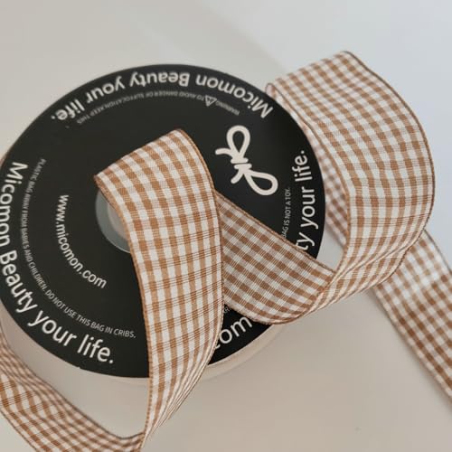 Khaki and White Woven Edge Plaid Checkered Bufflo Ribbon 100% Polyester Gingham Ribbon 25 Yards Each Roll (75 Foot)