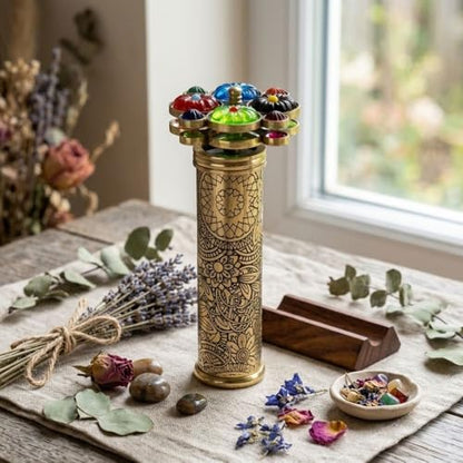 Handcrafted Etched Floral Pattern Lacquered Brass Kaleidoscope Includes Two Separate Turning Wheels