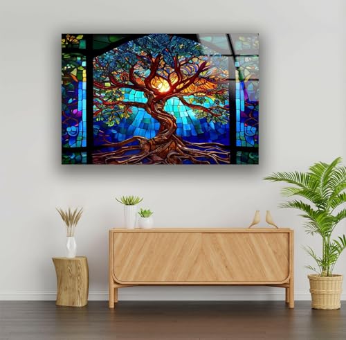 60WX40H'' Stained Blue Life of Tree Glass Wall ArtTempered Glass Printing Wall Decor Large Wall Art Wall Hangings