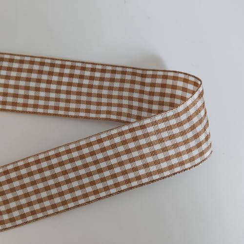 Khaki and White Woven Edge Plaid Checkered Bufflo Ribbon 100% Polyester Gingham Ribbon 25 Yards Each Roll (75 Foot)