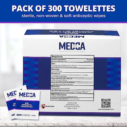 Hand Wipes – (Pack of 300) Benzalkonium Chloride Swabs Individual BZK Single-Use Packets by MEDca (300 Count)