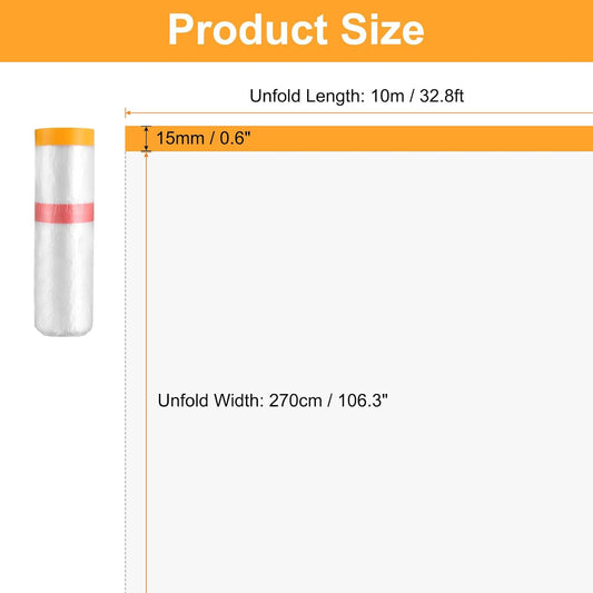 HARFINGTON Pre-Taped Masking Film 106.3" x32.8ft Double Adhesive Tape and Drape Painters Plastic Drop Cloth Film with Tape Plastic Sheeting for Automotive Painting Covering