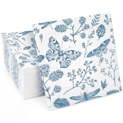 150 Pcs 10 x 10 Inch Blue Floral Paper Cocktail Napkins