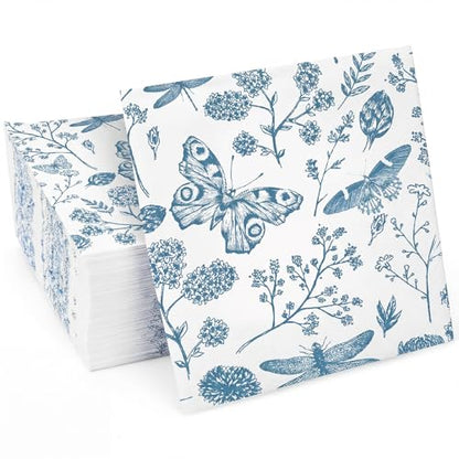 150 Pcs 10 x 10 Inch Blue Floral Paper Cocktail Napkins