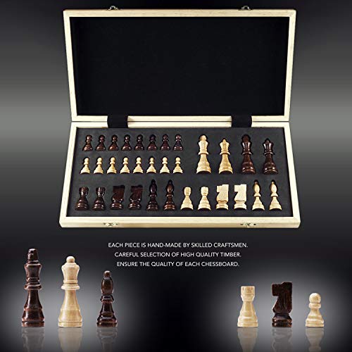 Chess Set 15"x15" Folding Magnetic Wooden Standard Chess Game Board Set with Wooden Crafted Pieces and Chessmen Storage Slots