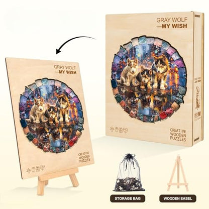 Puppies Puzzles Dog Neon Mosaic Creative Shaped City Nightscape Round Puzzle Adults Gifts for Women Men Wooden 100 Pieces 8.5 * 8.5in