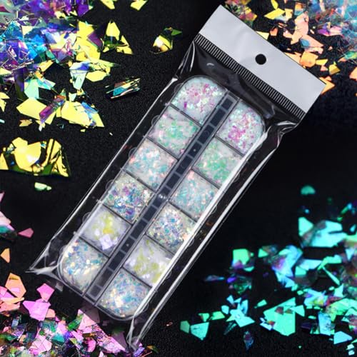 12 Colors Holographic Glitter Nail Art Sequins Aurora Iridescent Nail Flakes Glitter Chameleon Flakes Irregular Ice Slag Glass Paper Ultra Thin Mermaid Nail Glitter for Nail Art Make