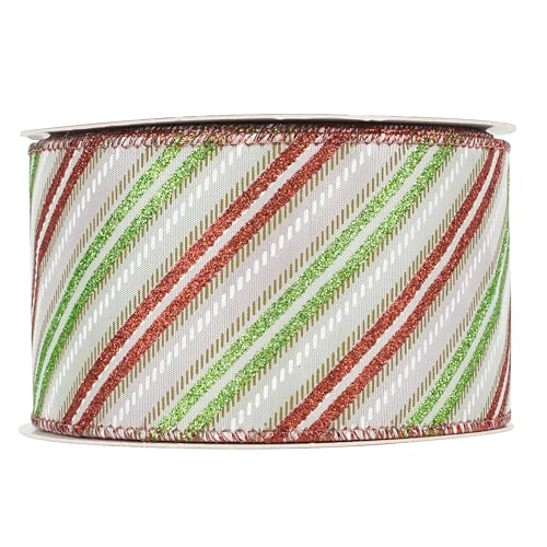Red and Green Diagonal Striped Ribbon 2.5 Inch White Satin with Lime Green and Red Glitter Wired Ribbon for Christmas Tree (30 Foot)