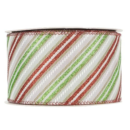 Red and Green Diagonal Striped Ribbon 2.5 Inch White Satin with Lime Green and Red Glitter Wired Ribbon for Christmas Tree (30 Foot)