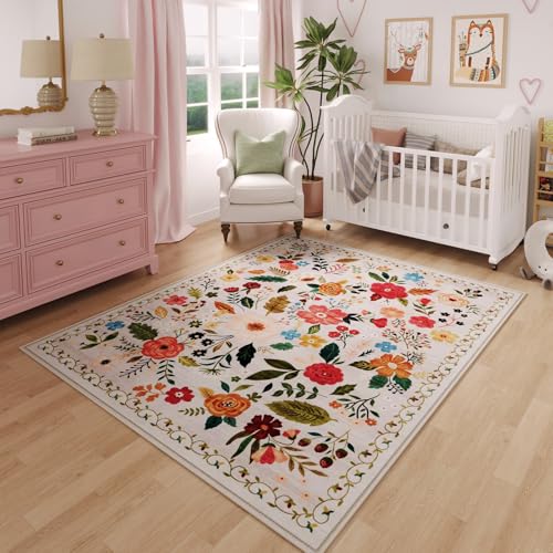 Area Rug 4x6 Rug Washable Boho Rugs Non Slip Low Pile Floral Small Carpet for Bedroom