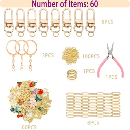 358 PCS Gold DIY Keychain Making Kit Cute Bag Charm Kit 110 Charms 28 Keychain Clips with Key Ring Swivel Snap Hook Lobster Claw Clasps 200 Jump Ring Jewelry Plier DIY Set Women Craft