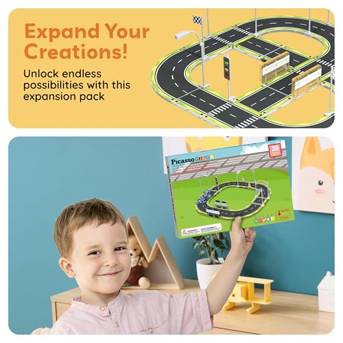 Magnet Tile Building Block Construction Toy Set Street Sign Traffic Kit Highway Road Race Track with Bumper Barricade Accessory Sticker Education Magnetic Tiles Kids Age 3+ PTR03