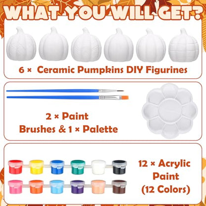 6 Sets Fall Pumpkins Ceramics to Paint Black and White Pumpkin Ready to Paint Your Own Ceramic Pumpkins Statues DIY Unpainted Ceramics Paintable Fall Figurines Kit Crafts with Brush Palette