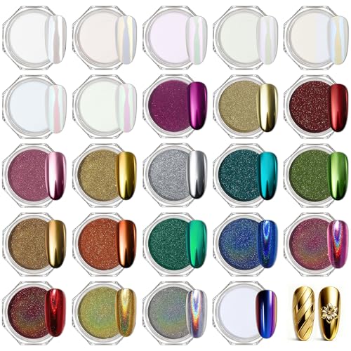 24Jars Chrome Nail Art Pearl Powder White Kit Gold Mirror Effect (24 Count)