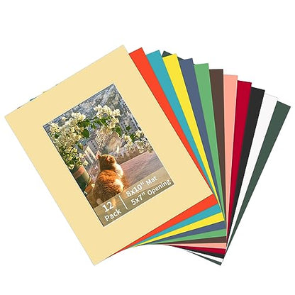 12 Packs Mixed Colors 8x10 Picture Frame Mats for 5x7 Photos