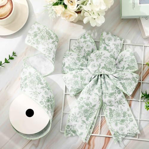 Floral Wired Edge Ribbon Roll Green Flower Chinoiserie Fabric Ribbon for Wreath Bow Making DIY Crafts Gift Wrapping