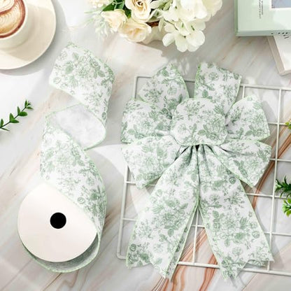 Floral Wired Edge Ribbon Roll Green Flower Chinoiserie Fabric Ribbon for Wreath Bow Making DIY Crafts Gift Wrapping