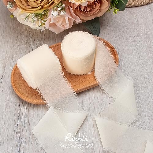 Ivory Chiffon Ribbon 2 Inch x 20 Yard Handmade Fringe Chiffon Silk Ribbon Ivory Ribbon for Gifts Wrapping (60 Foot)