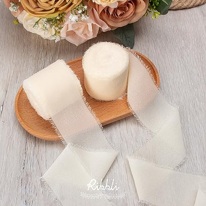 Ivory Chiffon Ribbon 2 Inch x 20 Yard Handmade Fringe Chiffon Silk Ribbon Ivory Ribbon for Gifts Wrapping (60 Foot)