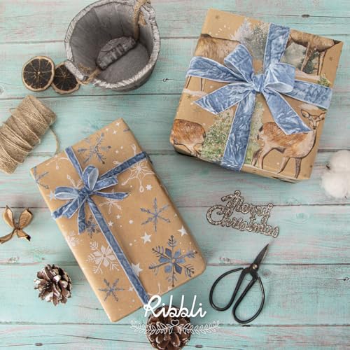 Dusty Blue Velvet Ribbon 1 Inches Luxury Crinkled Blue Christmas Ribbon for Gift Wrapping Crafts Home Decor