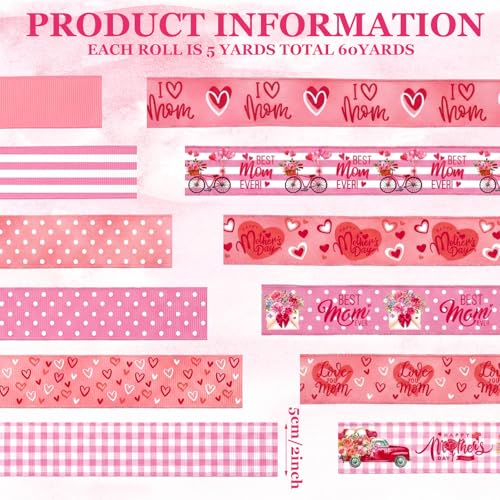 12 Rolls Mother's Day Wired Edge Ribbon for Wreaths 2 Inch x 60 Yards Pink Burlap Stripe Ribbons Happy Mother's Day Love You Mom Floral Decorative for Bow Wreath DIY Craft Gift Wrapping Decor (12 Count)