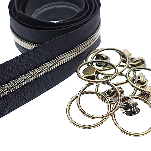 5# Black Nylon Zipper Tape Brass Teeth 10 Yards Continuous Zipper with 25 pcs Ring Pull Silders Bulk