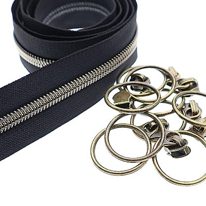 5# Black Nylon Zipper Tape Brass Teeth 10 Yards Continuous Zipper with 25 pcs Ring Pull Silders Bulk