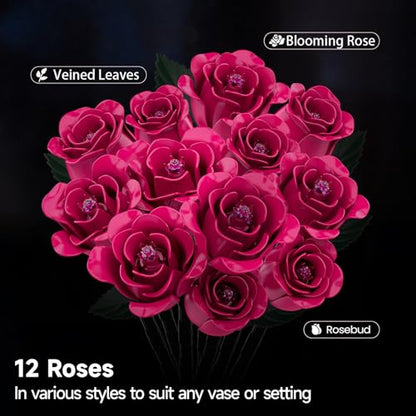 12 Pink Roses Bouquet Building Set with Heart (12 Count)