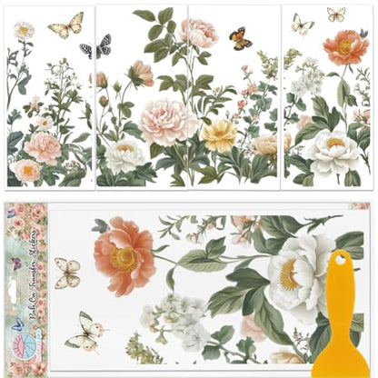 4 Sheets Light Vintage Florals Furniture Transfer 11.8x5.9inch Butterflies Peonies Rub on Transfer Wildflowers UV Self (4 Count)