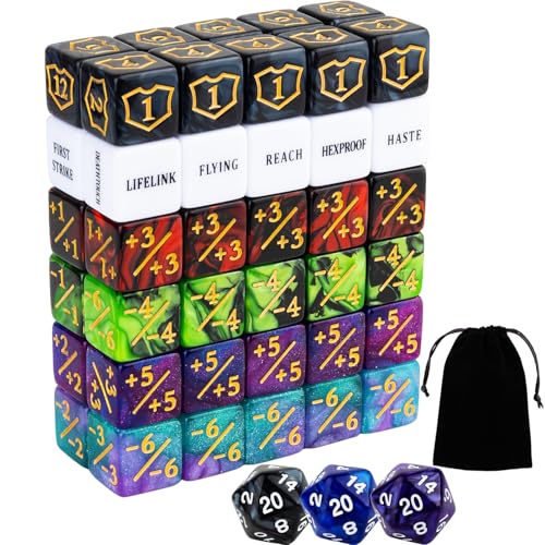63 Pieces MTG Dice Counters Bulk Ability Keywords MTG Tokens Shield Life Counter 6 Sided Dice Set for Magic The Gathering (63 Count)
