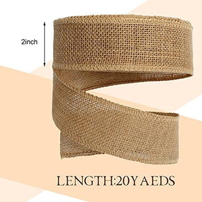 20 Yard 2 Inches Burlap Ribbon Wide Jute Ribbon Natural Burlap Fabric Roll Wired Edge for Wreaths