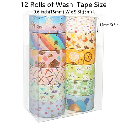 Candy Color Washi Tape Set 12 Rolls Bronzing Decorative Holiday Arts and Craft Washi Masking Tapes for Scrapbooking (12 Count)