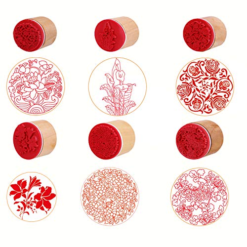 CCINEE 6pcs Round Rubber Stamps Floral Pattern Wooden Stamps for Christmas Scrapbooking Cards and Crafts Making (6 Count)