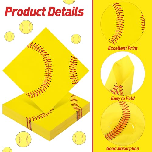 48 Pieces Softball Paper Napkins Disposable Softball Party Napkins Sports Ball Napkin Cocktail Dinner Napkin Set 13" x 13" Unfolded Tableware Napkin for Sports Theme Party Supplies (48 Count)