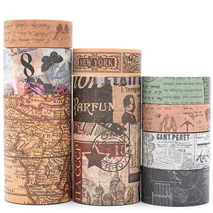Vintage Washi Tape Set 10 Rolls Wide Decorative Antique Map Stamp Newspaper Masking Tapes for Arts