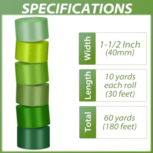 1-1/2 Inch Single-Faced Green Satin Ribbons for Crafts Gift Wrapping Wedding | 6 Rolls Assorted Ribbons for Flower Bouquet Invitations Bridal Shower Hair Bows Garland Party Decor