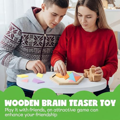 3 Pack Large Wooden Blocks Puzzles Hexagon Tangram Puzzle Wooden Russian Brain Puzzles for Adult Challenge Teasers Geometric Jigsaw Logic Iq STEM Educational Gift Graduation (3 Count)