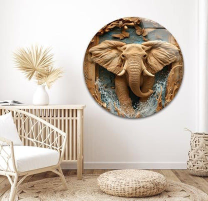 Round 24'' Elephant Carving Glass Wall Art Tempered Glass Printing Wall Decor Large Wall Art Wall Hangings