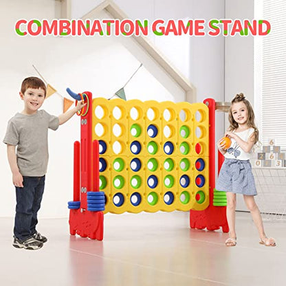 Giant 4-in-a-Row Game with Carry Bag, 3-in-1 Jumbo 4-to-Score Outdoor Yard Game with Basketball Hoop, Ring Toss, Quick-Release Slider, 42 Rings, Family Party Game for Kids & Adults