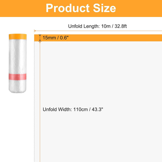 HARFINGTON Pre-Taped Masking Film 43.3" x32.8ft Double Adhesive Tape and Drape Painters Plastic Drop Cloth Film with Tape Plastic Sheeting for Automotive Painting Covering
