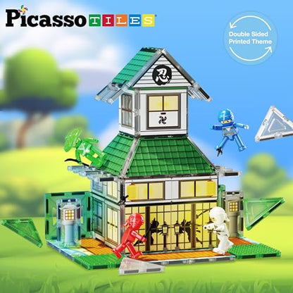 Magnet Tile Building Blocks Ninja Dojo House Theme STEM Playset with 4 Character Action Figure Ninjas Weapon Accessories Magnetic Tiles Educational Toy Pretend Play Toddlers Ages 3+ PTQ07 (10 count)