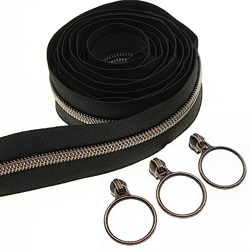 5# Black Nylon Zipper Tape Brass Teeth 10 Yards Continuous Zipper with 25 pcs Ring Pull Silders Bulk