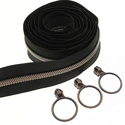 5# Black Nylon Zipper Tape Brass Teeth 10 Yards Continuous Zipper with 25 pcs Ring Pull Silders Bulk