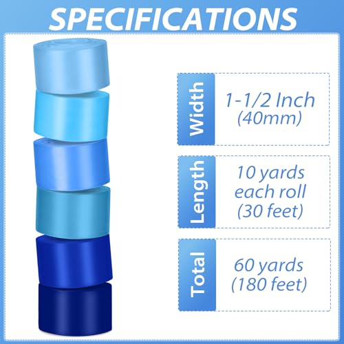 1-1/2 Inch Single-Faced Blue Satin Ribbons for Crafts Gift Wrapping Wedding | 6 Rolls Assorted Ribbons for Flower Bouquet Invitations Bridal Shower Hair Bows Garland Party Decor