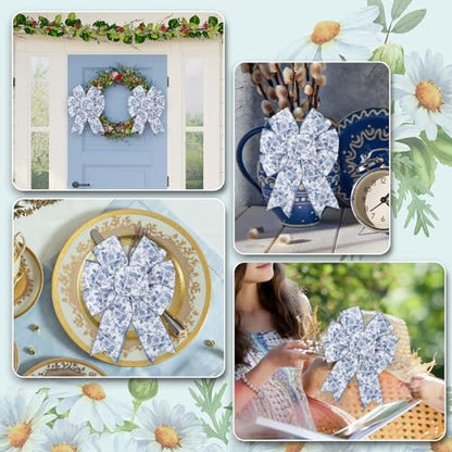 Floral Wired Edge Ribbon Blue Flower Craft Ribbon Chinoiserie Decorative Fabric Ribbons for DIY Crafts Wreath Bow Making
