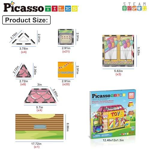 60pc Magnetic Building Block Magnet Tile Toy Shop Theme Pretend Play Construction Kit Reconfigurable Printed Structure Double (7 Count)