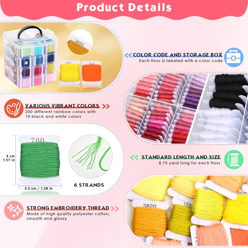 276 Pack Embroidery Floss Thread Kit Including 210 Colors Cross Stitch Sewing Thread with 66 Pcs Embroidery Accessories and 4 (276 Count)